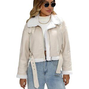 Women's Faux Lamb Fur Leather Short Jacket Lapel Zipper Bomber Aviator Beige